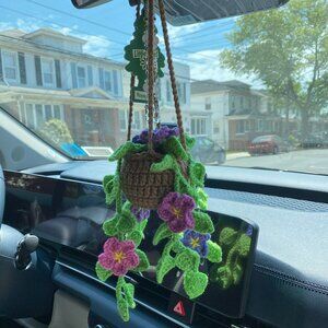 Handmade Crochet Hanging Plant with Flowers for Car or Home - Holiday Gift Ideas